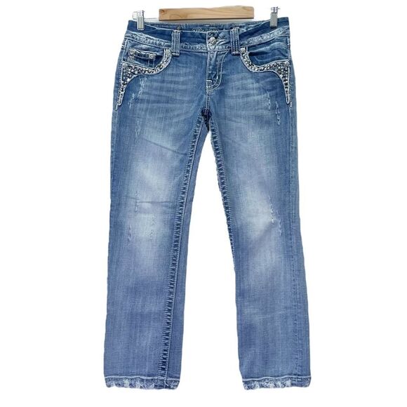 Miss Me Cropped Jeans Straight Leg Mid Light Wash Y2K Back Flap Jeans Size 27 - Picture 2 of 14